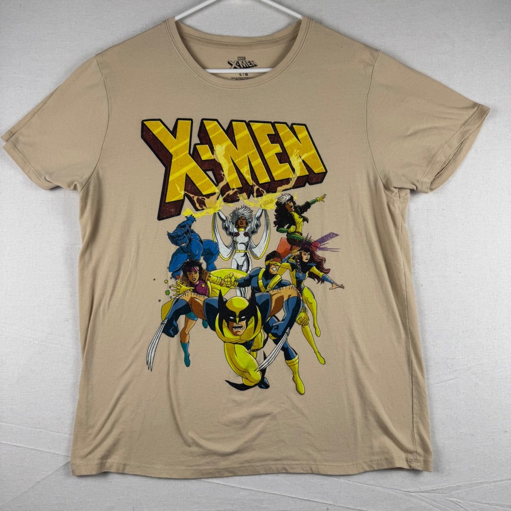 Marvel X-Men Graphic T-Shirt Mens Large Tan Wolverine Storm Cyclops Beast Tee